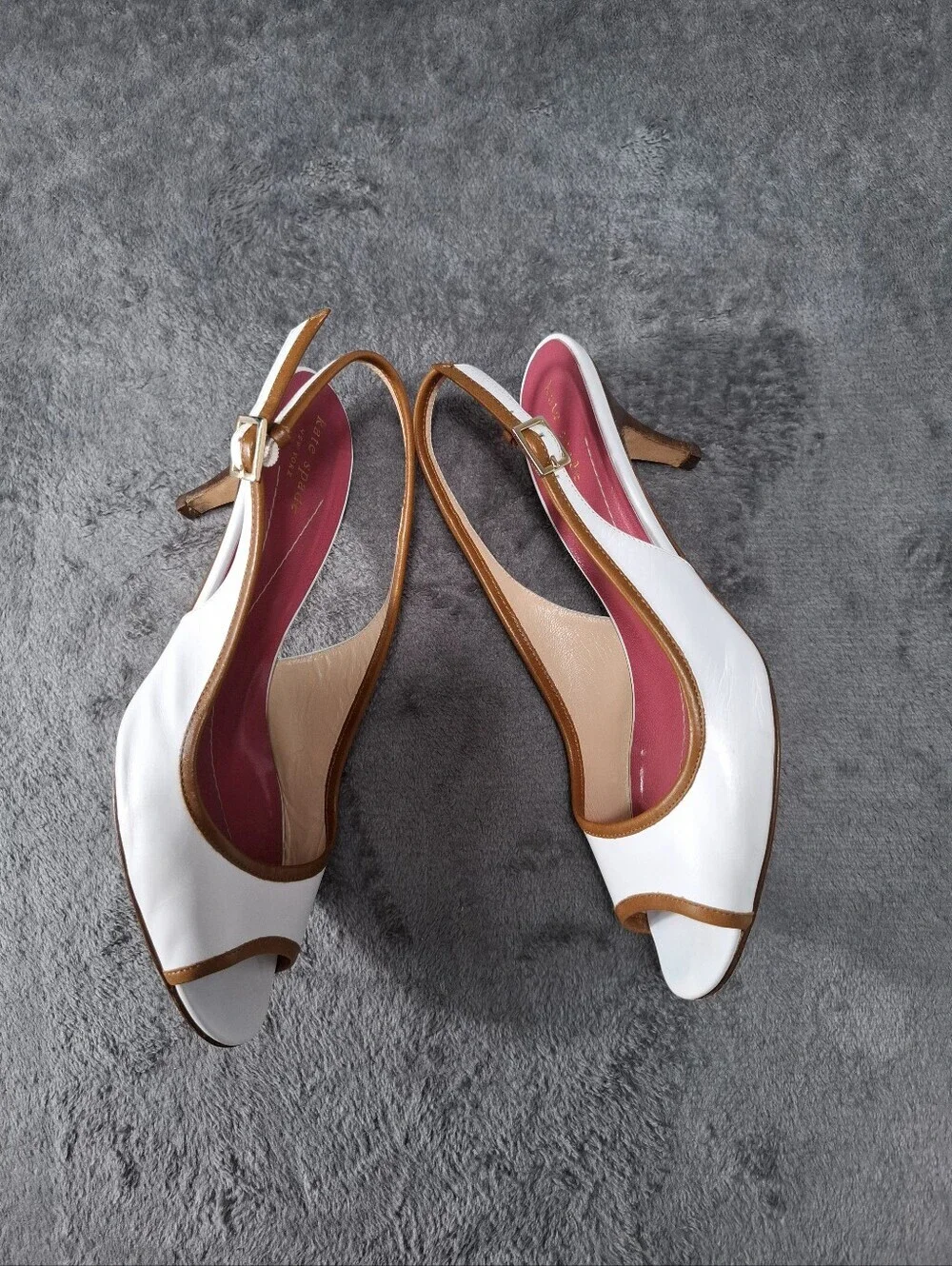 kate spade White Peep-Toe Slingback Heels with Tan Trim and Pink Insole Sz 8.5